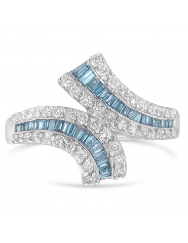 14k White Gold 3/4ct TDW Treated Blue Baguette and Round Diamond X Ring(H-I I1-I2) Profitez des Offres !