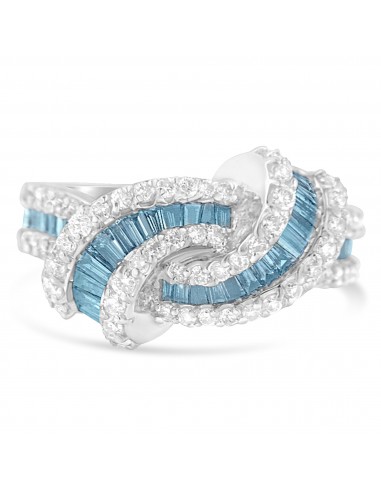 14k White Gold 1 5/8ct Round and Treated Blue Baguette Diamond Twisted Ring(H-I I1-I2) basket pas cher