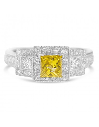 14k White Gold 1 1/2ct Round and Treated Yellow Princess Diamond Wedding Ring(H-I SI1-SI2) destockage