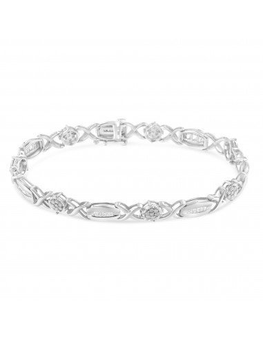 .925 Sterling Silver 1.0 Cttw Round-Cut and Baguette-Cut Diamond X-Link Bracelet (I-J Color, I1-I2 Clarity) - 7" shop