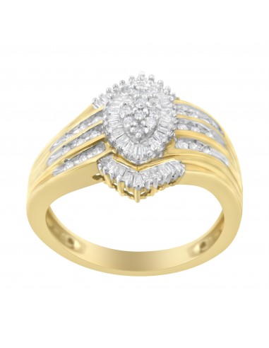 10K Yellow Gold 1/2 Cttw Round and Baguette Cut Diamond Cocktail Cluster Ring (H-I Color SI1-SI2 Clarity) - Size 7 du meilleur 